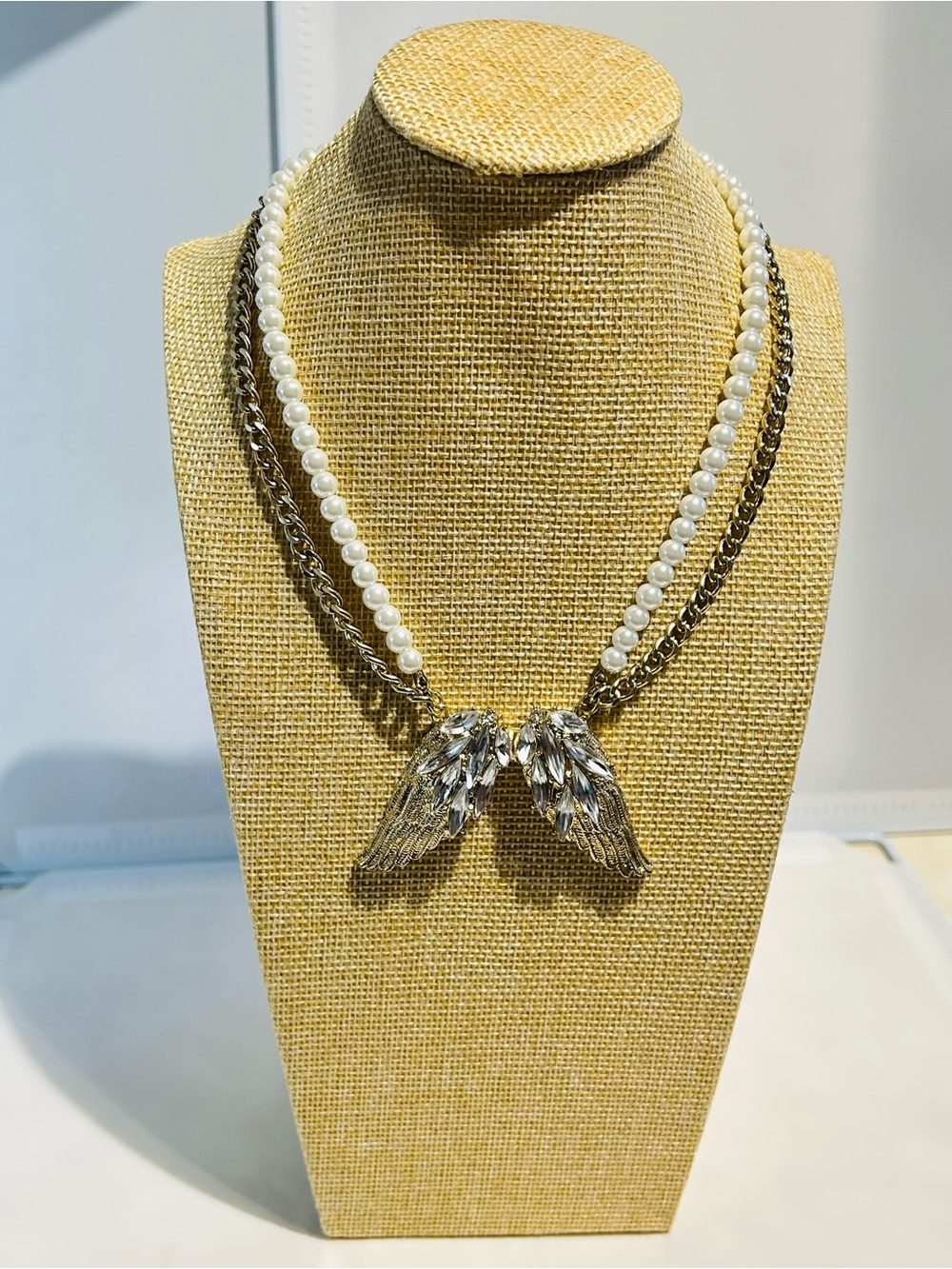 Betsey Johnson Pearl & Crystal Angel Wing Necklace